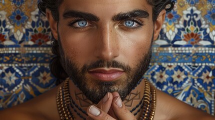   A tight shot of a bearded man with blue eyes, adorned with a gold necklace and another around his neck