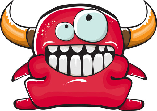 Vector cartoon funny red monster with mouth, eyes and horn isolated on white background. Smiling red cartoon monster print sticker design template. Ghost, troll, gremlin, goblin, devil and monster