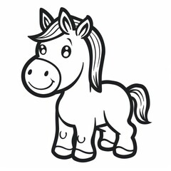 Wall Mural -   A black-and-white drawing of a smiling horse against a white backdrop Its long mane frames the image