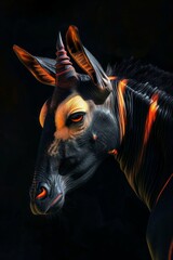 Wall Mural -   A tight shot of a zebra's head against a black backdrop, displaying its distinctive orange and black stripes