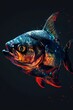   A tight shot of a fish against a black backdrop, featuring a smear of paint alongside it