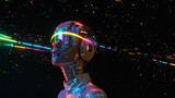 Fototapeta  - Sci - fi shot, woman cyborg in VR glasses phasing through walls in a neon universe space.