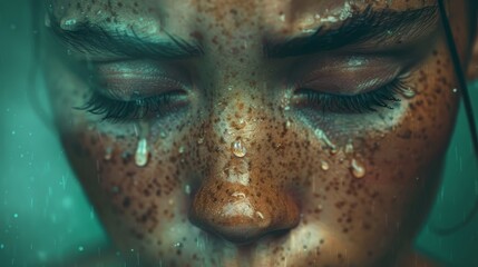 Wall Mural -   A tight shot of a woman's freckled face, dotted with droplets of water, her eyes gently shut
