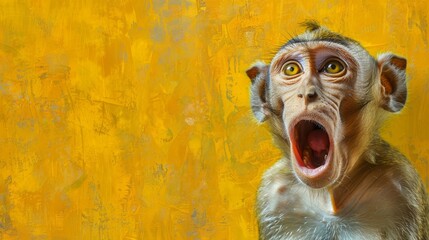 Poster -   A monkey with an open mouth against a yellow background