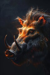 Poster -  Boar's head with radiating oranges and reds from eyes