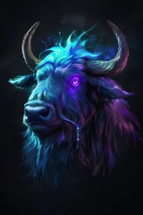 Canvas Print -   A digital rendering of a bull's head illuminated by blue, purple, and pink lights emanating from its eyes