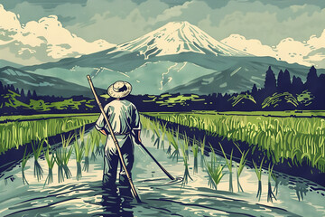 Wheat field scene of japanese traditional style painting wide and huge green tea farm with mt.fuji behind sunny and clear day 70 year old japanese man who are working out in the house