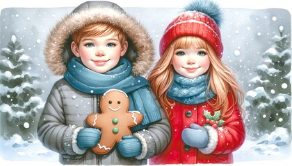 Two children in winter attire smiling and holding a gingerbread cookie.