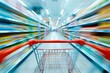 © cff999 - a shopping cart in the foreground, captured from an over-the-shoulder perspective. Blurred shelves of products on either side create depth