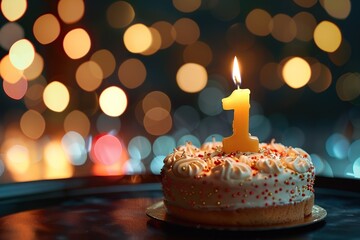 Birthday cake with one candle number 1 on blurred lights background