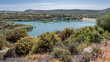 View of Symvoulos Dam and the water Reservoir, as seen from the circular walk around the lake, located near Satira village, west of Limassol, Cyprus  