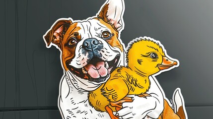 Sticker -   A photo of a dog holding a duck alongside a picture of a dog with a duckling