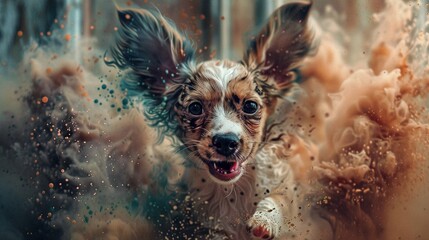 Poster -   A brown and white dog with its mouth open and blowing fur in the wind against a blurry background