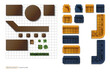 Top view of restaurant interior. 3D cafe layout icons. Isolated furniture for bar map. Above drawing. Pub industrial plan element. Overhead sofa and table symbols