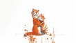   A pair of red pandas lounging together on an orange and white paper background