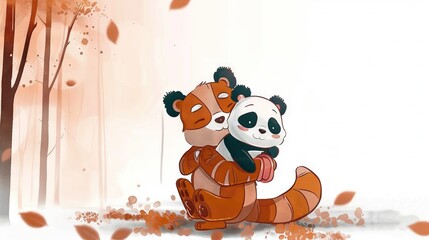 Wall Mural -   Panda bear embracing another panda bear amidst autumn foliage & tree backdrop