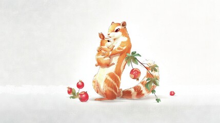 Poster -   A squirrel carrying a squirrel on its back with cherries adorning its tail in a painting