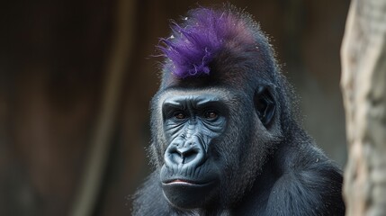 Wall Mural - a gorilla with a purple mohawk on its head