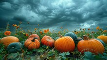 A Stunning Assortment Of Pumpkins Against A Somber Sky Background. Use For Seasonal And Harvest Themed Banners.
