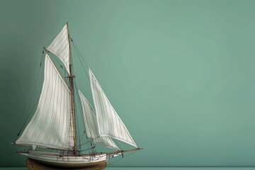 A panoramic shot of an intricately detailed model sailboat, its sails billowing, placed against a solid, seafoam green background.