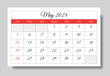 May 2024 ENGLISH month calendar. Vector printable illustration. Monthly planning for your events