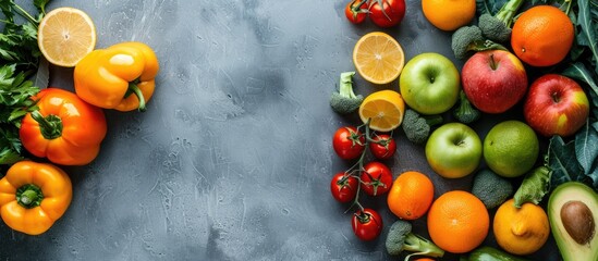 Wall Mural - Fresh fruits and vegetables arranged in a flat lay style on a gray background with space for text, showcasing a food concept.