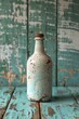 A bottle sitting on a table with peeling paint, AI