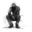 A person sits and thinks about a problem with his head down. Time for reflection. The image is a drawing of a human figure made of chaotic lines. Despair, depression, hopelessness or addiction concept