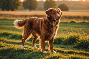 full body of nova scotia duck tolling retriever dog on blurred countryside background, copy space