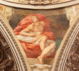 Wall Mural - MILAN, ITALY - MARCH 5, 2024: The baroque fresco of St. John the Evangelist from cupola of church Chiesa di San Vittore al Corpo by Daniele Crespi (1598 – 1630).