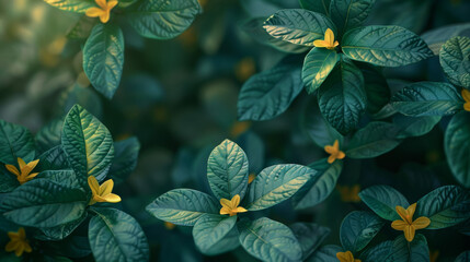 Wall Mural - A close up of green leaves with yellow flowers