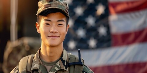 A young man in a military uniform standing next to an american flag. Generative AI.