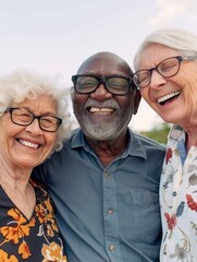 Poster - Three older people standing together smiling for the camera. Generative AI.