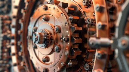 Canvas Print - Close-up image of complex machinery with interlocking gears and orange tones.