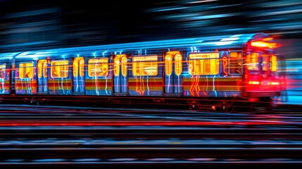 Canvas Print - A train traveling down a track at night with lights, AI