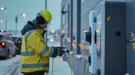 Wall Mural - A worker in reflective gear connecting a charger to an electric vehicle station in a snowy setting.