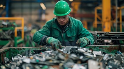 Wall Mural - Focused worker in green uniform sorts through electronic waste at a recycling plant.