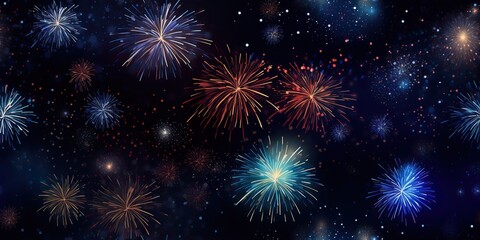 Wall Mural - Night sky fireworks celebration background. Holiday new year xmas anniversary festival glitter scene view