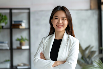 Portrait of a radiant young asian woman in a white blazer, standing arms crossed in a modern office setting, embodying professionalism and confidence with a beaming smile