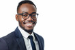 Portrait of a confident, smiling young businessman of african descent wearing a stylish suit, glasses, and exuding professionalism and approachability, isolated on a clean white background