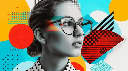 Portrait of a young woman overlaid with vibrant abstract shapes and patterns in a pop art style.