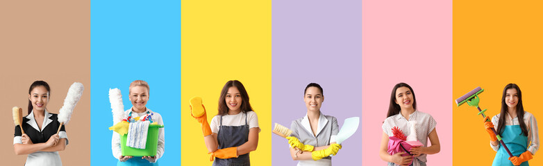 Sticker - Collage of many women with cleaning supplies on color background