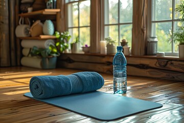 Wall Mural - Cozy home fitness corner with yoga mat