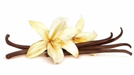 Wall Mural - Realistic illustration of vanilla flowers and pods on a white background, offering an inviting and clean look.