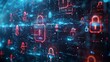 Abstract digital background of cybersecurity concept with glowing padlocks interconnected by data lines.
