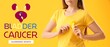 Woman with yellow awareness ribbon on color background. Banner for Bladder Cancer Awareness Month