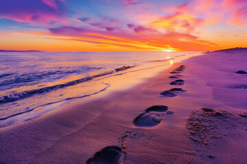 Wall Mural - A pair of footprints on a sandy path, disappearing into a vibrant sunset on the horizon.