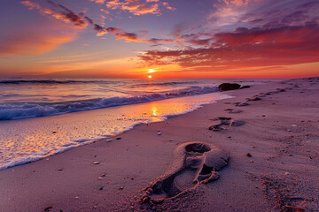 Wall Mural - A pair of footprints on a sandy path, disappearing into a vibrant sunset on the horizon.