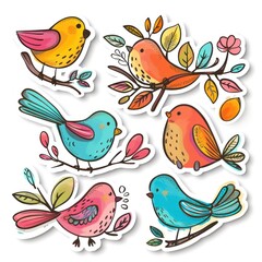 Naklejka na meble Set of watercolor bird stickers, featuring cute and colorful bird illustrations, ideal for nature-themed designs.