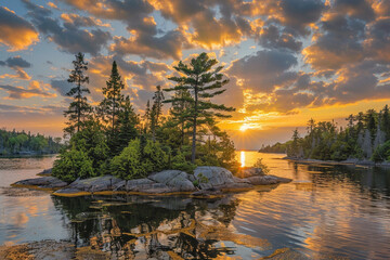 Wall Mural - A panoramic photograph capturing the golden hues of sunset casting a warm glow on Heart Island.